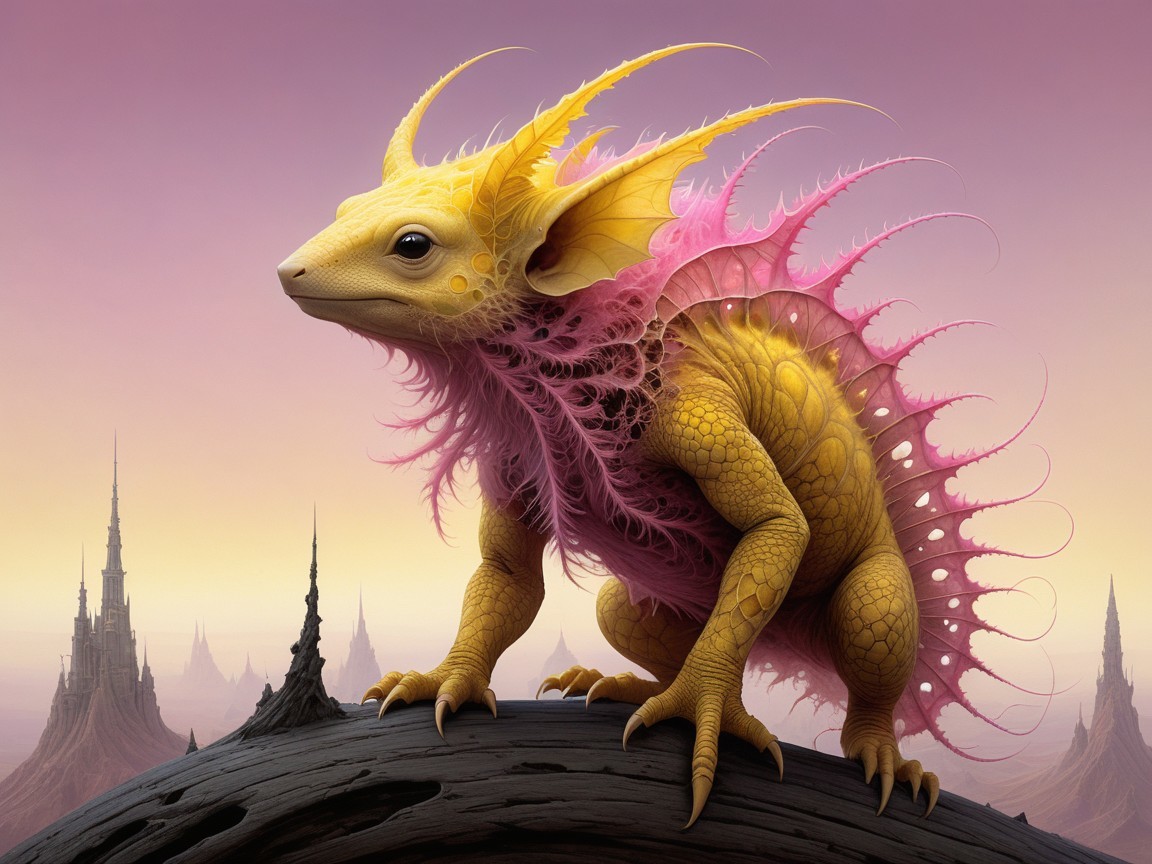 Vibrant Yellow Creature in Surreal Landscape