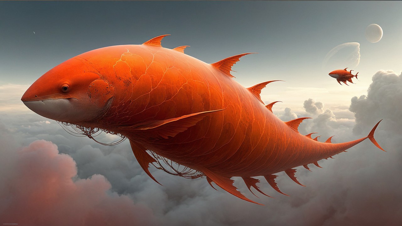 Surreal Orange Fish Swimming in Dreamy Sky
