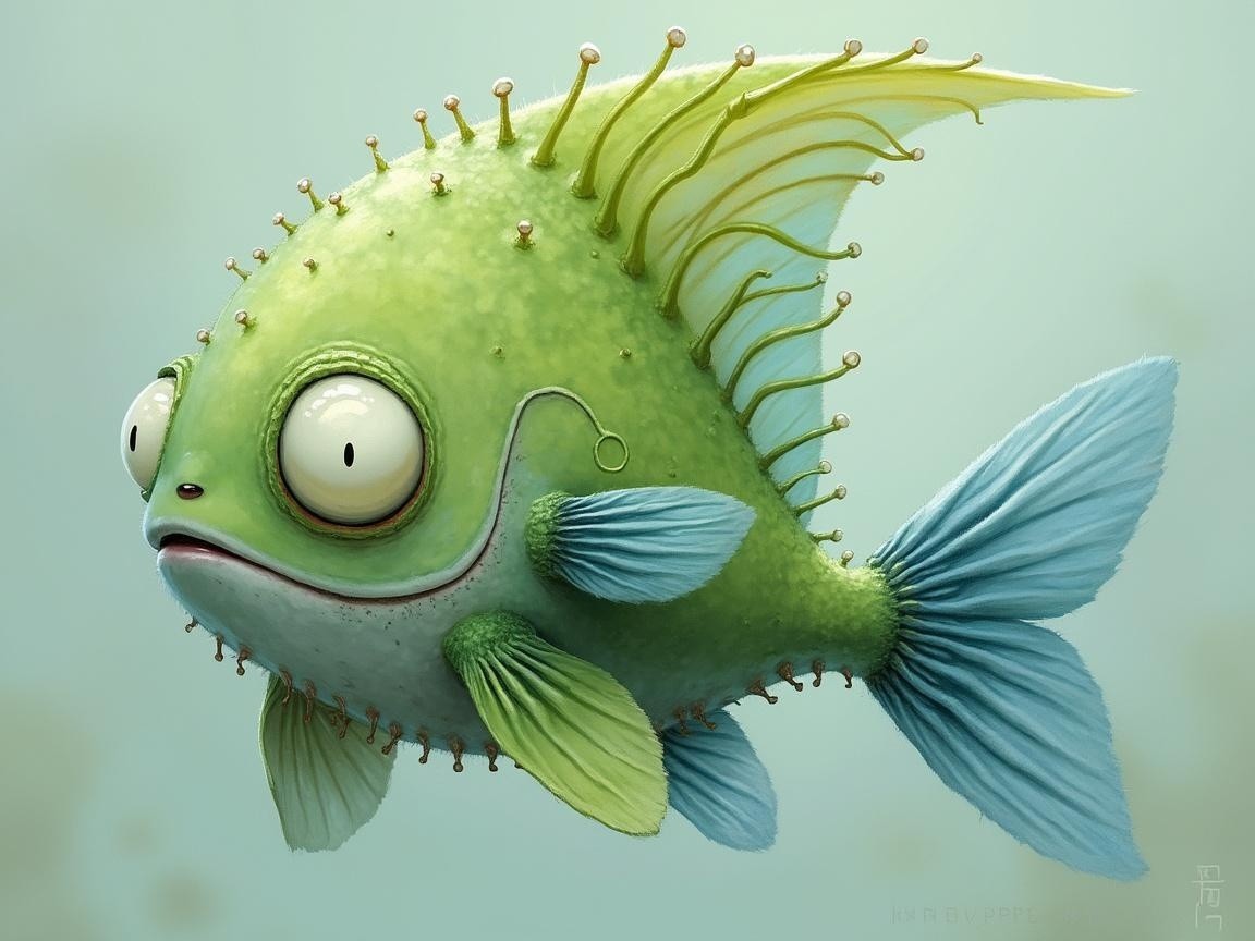Cartoonish Fish with Vibrant Green Body and Fins
