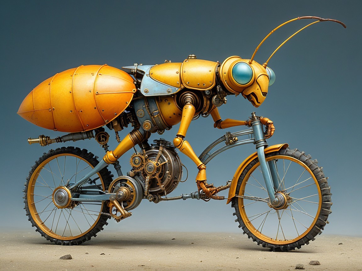 Whimsical Robotic Ant on a Steampunk Bicycle