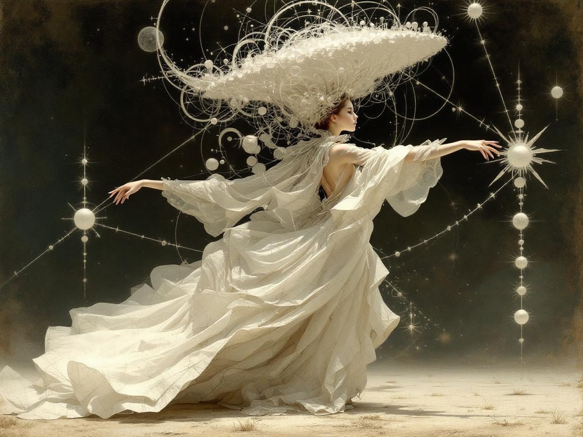 Ethereal figure in white gown with celestial headdress