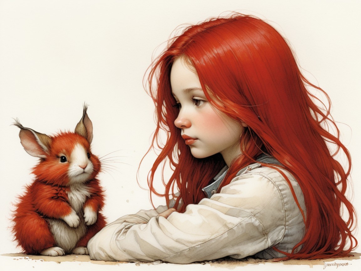 Young girl with red hair and orange rabbit interaction