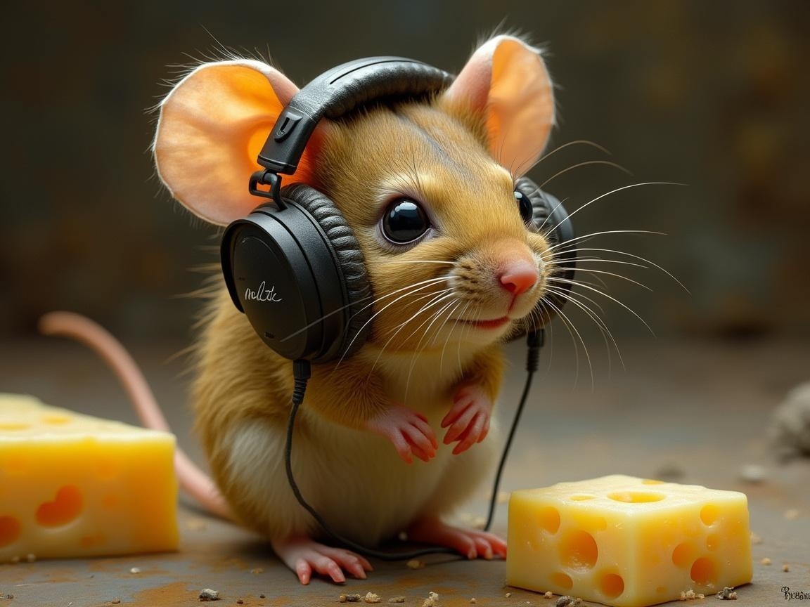 Cute mouse with headphones and cheese on textured surface
