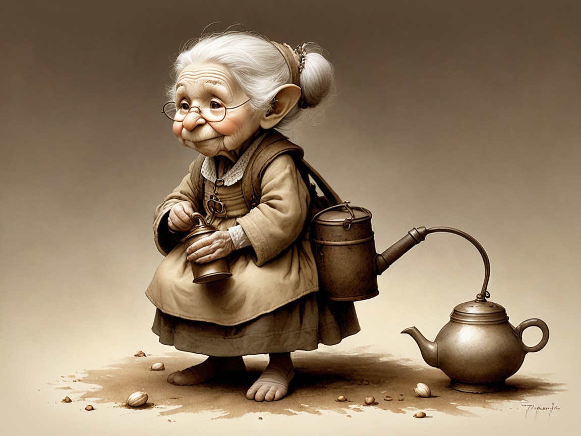 Digital Artwork of a Whimsical Old Woman with Watering Can
