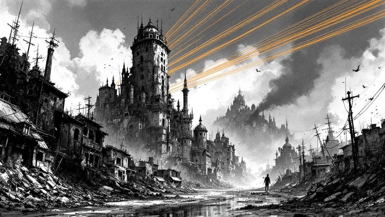 Desolate Landscape with Crumbling Buildings and Shadows