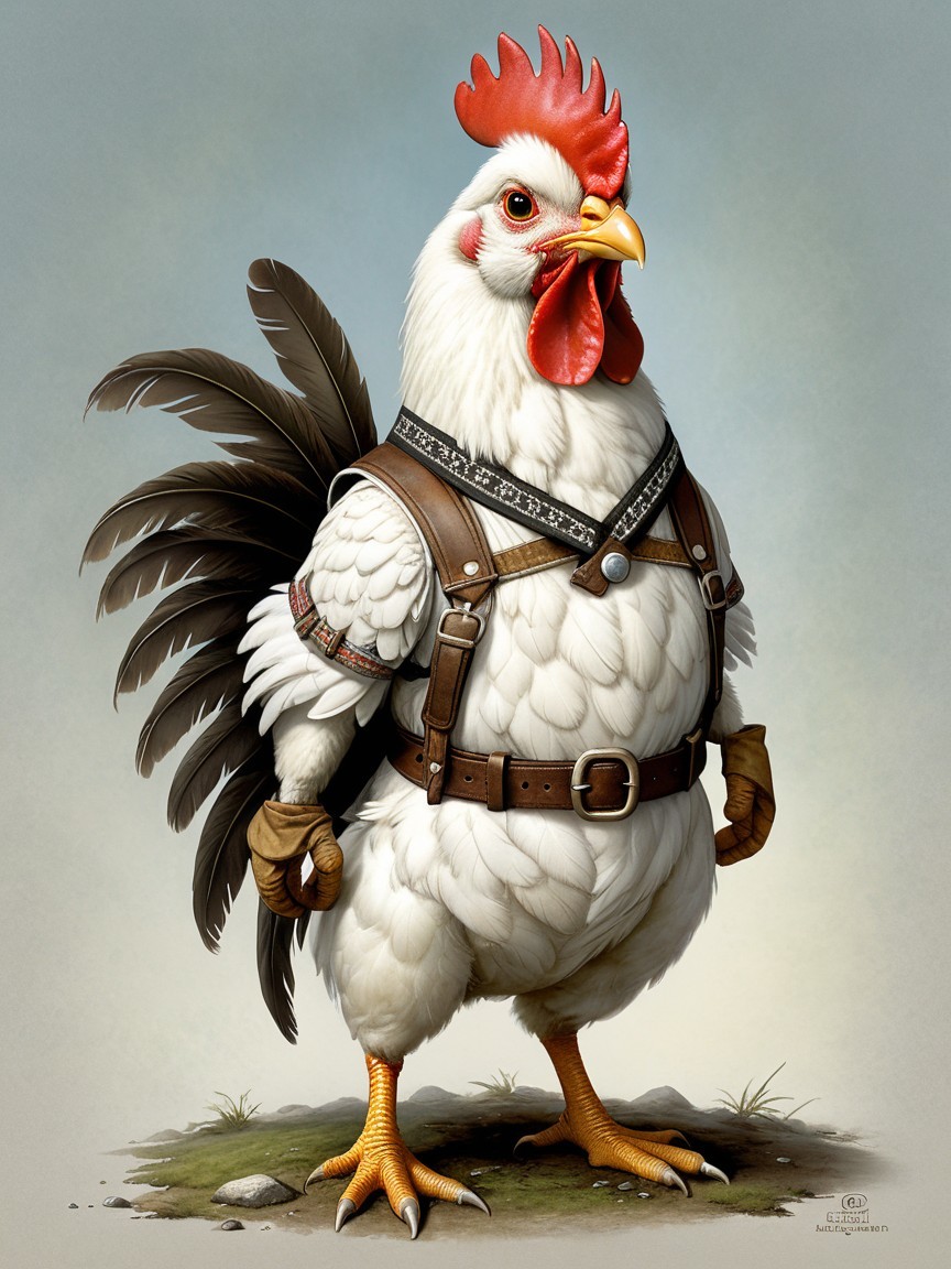 Muscular Anthropomorphic Chicken in Stylish Harness
