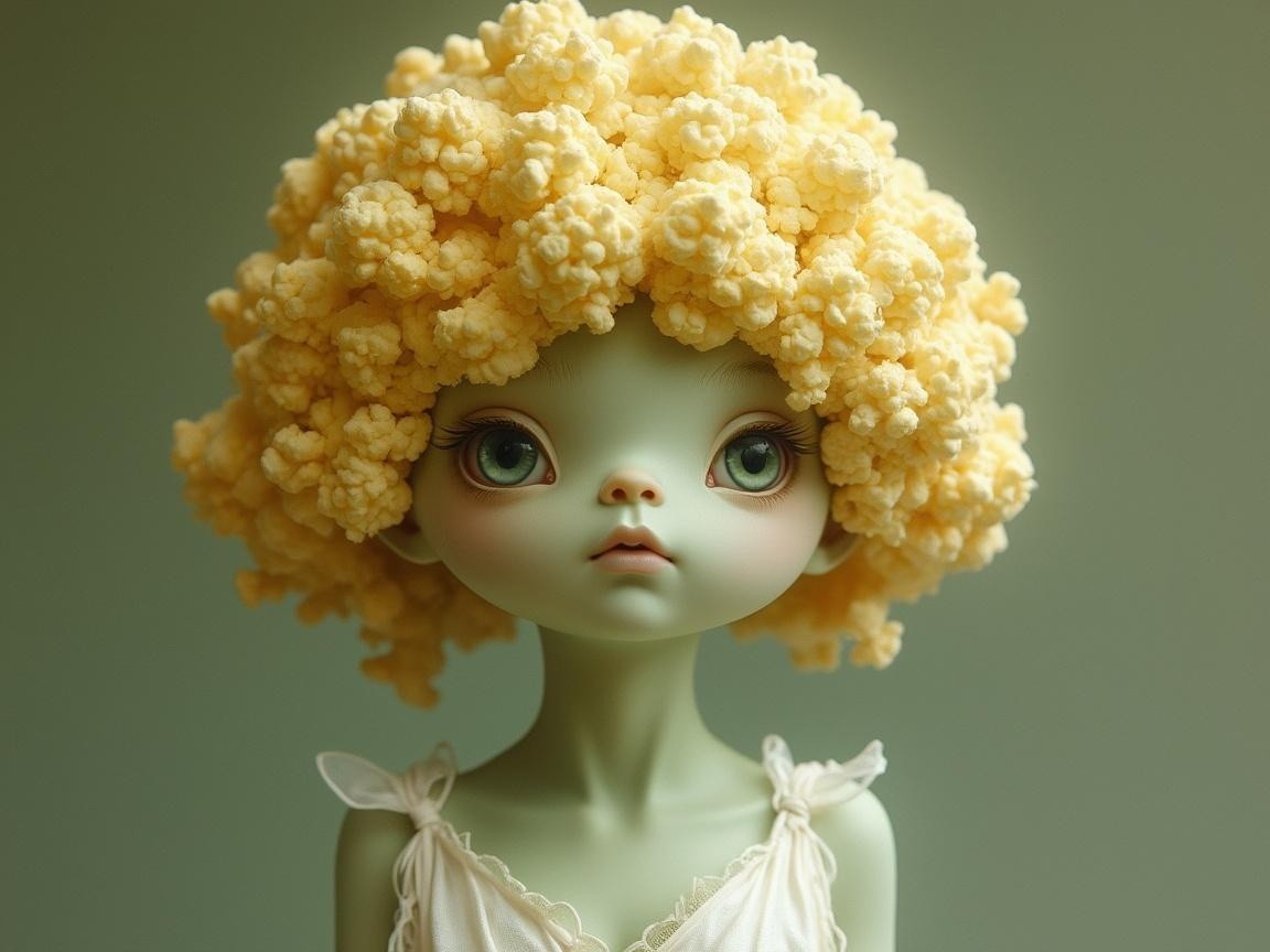 Whimsical Doll with Popcorn Hairstyle and Green Skin