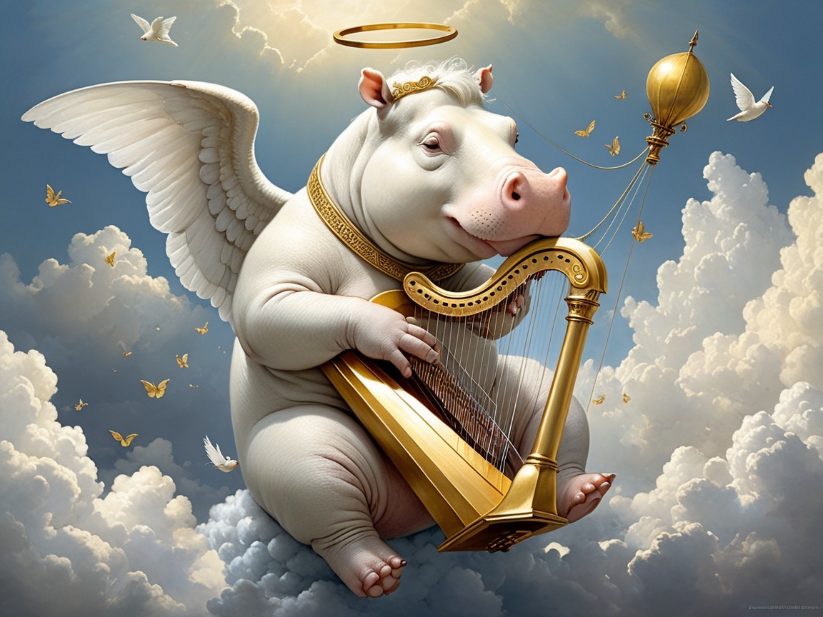 Whimsical Pig Playing Harp in Dreamlike Scene