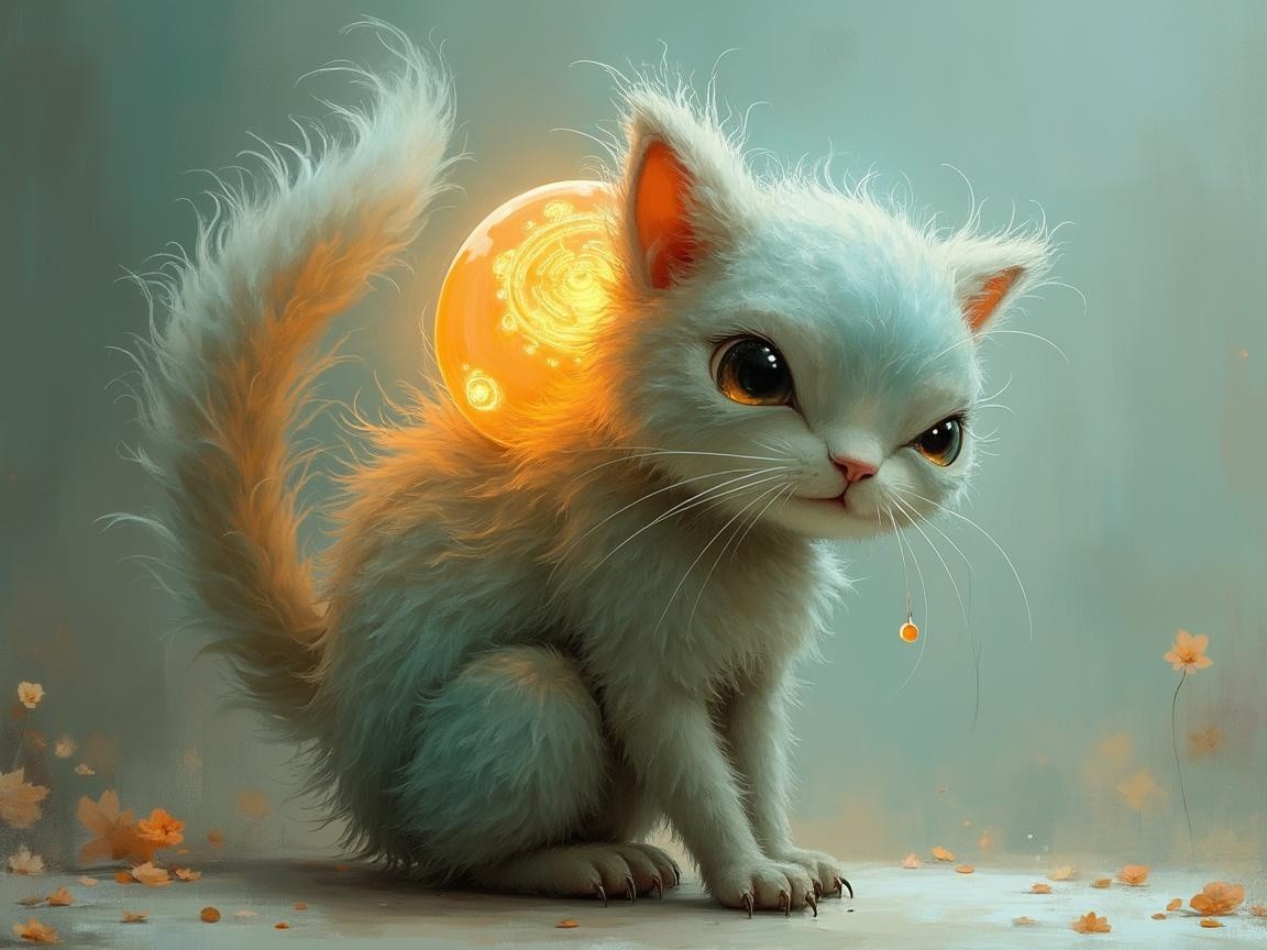 Fluffy White Kitten Surrounded by Autumn Leaves