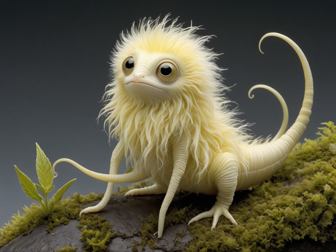 Whimsical creature with yellow mane in lush greenery
