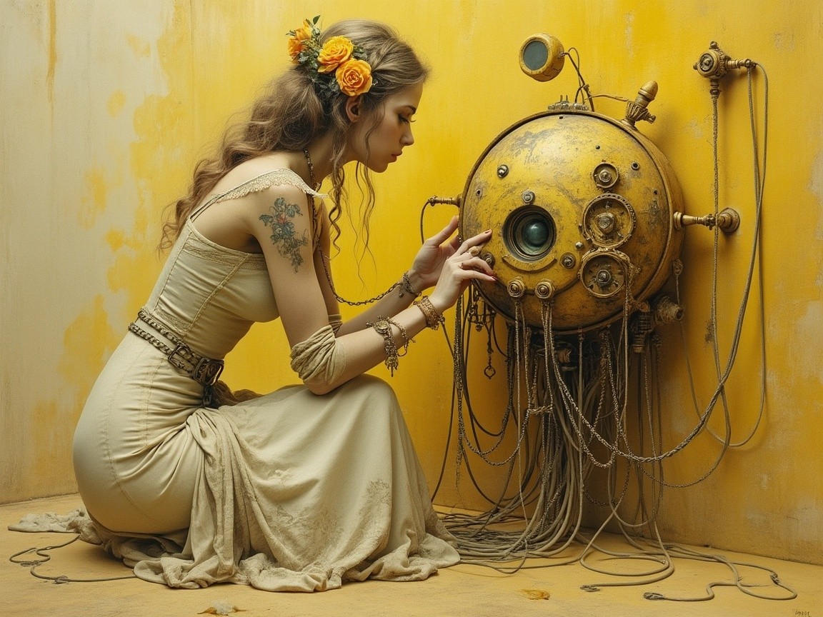 Vintage gown woman with diving helmet in warm setting