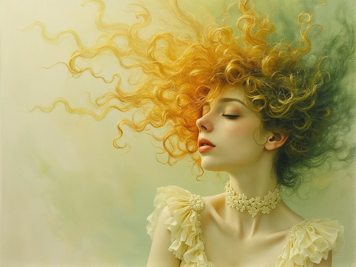 Young woman with golden curls in ethereal setting