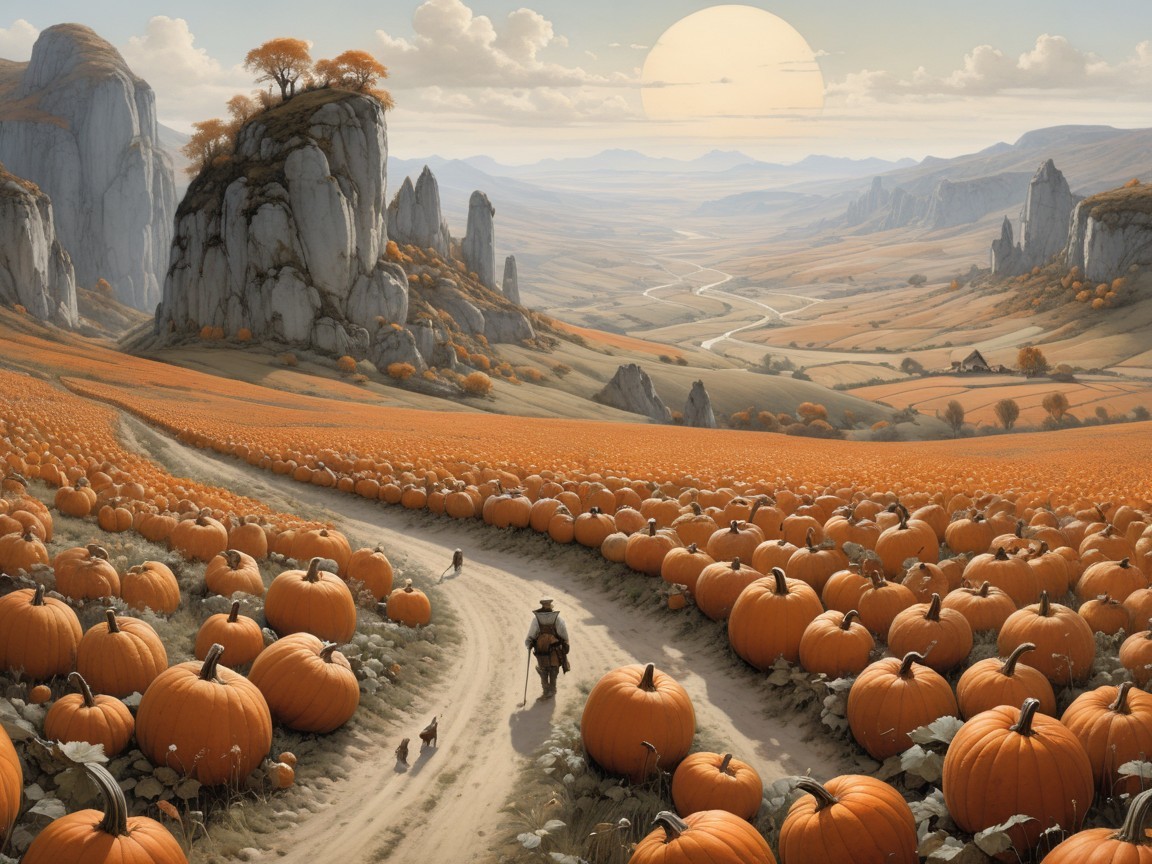 Serene Autumn Landscape with Pumpkin Patch and Hills