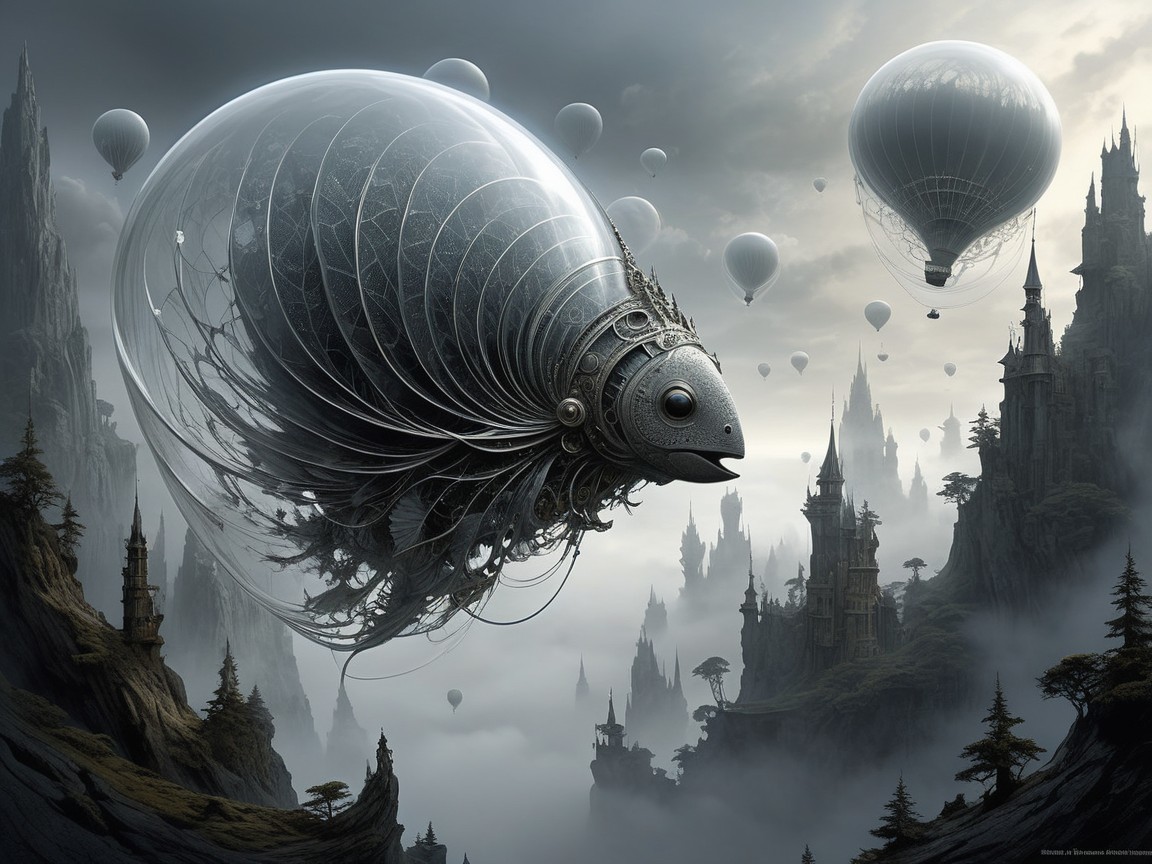 Surreal Landscape with Mechanical Fish and Gothic Castles