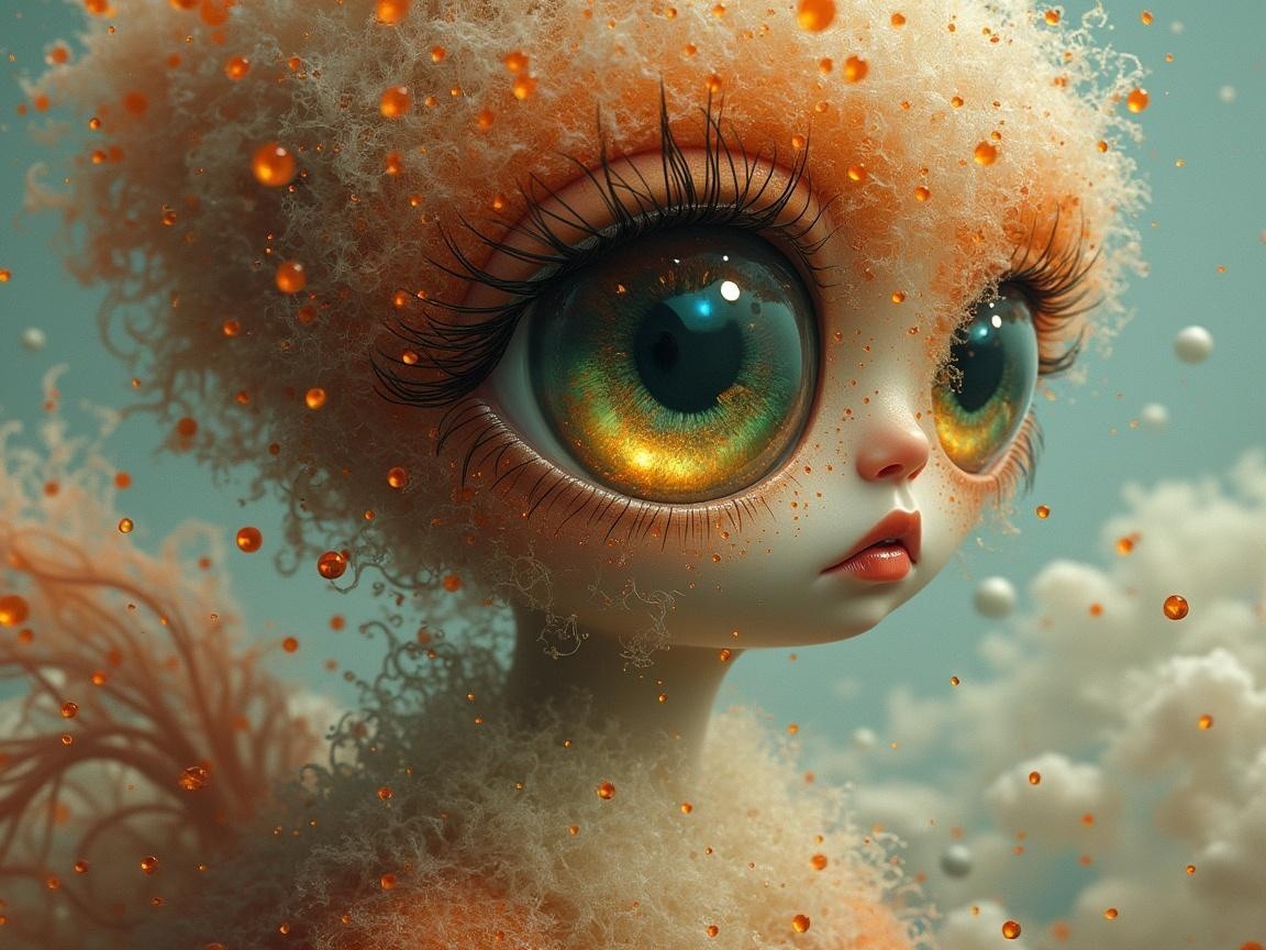 Whimsical Character with Fluffy Hair and Bubbles