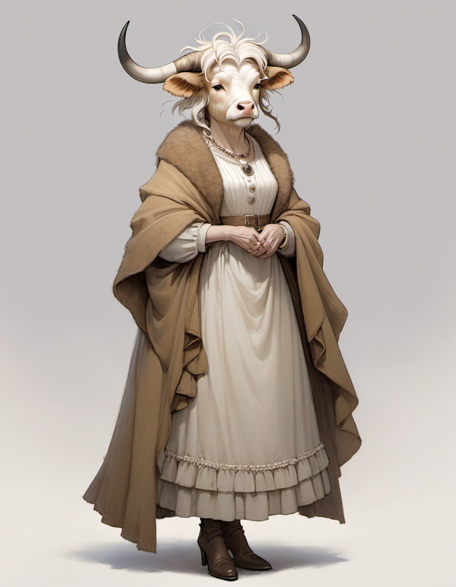 Elegant anthropomorphic cow in historical attire confidently standing
