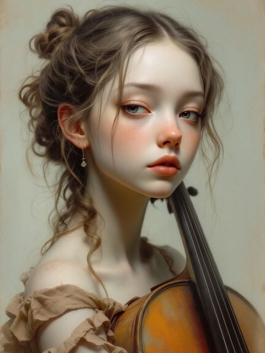 Young Woman with Violin and Delicate Features