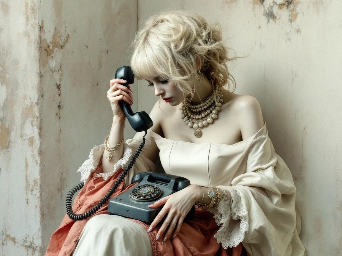 Vintage Scene with Woman and Rotary Phone