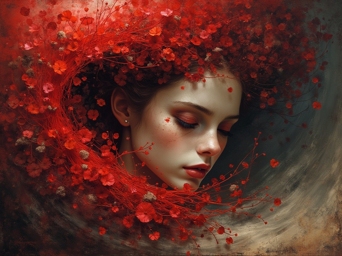 Ethereal Portrait of Woman with Red Floral Halo