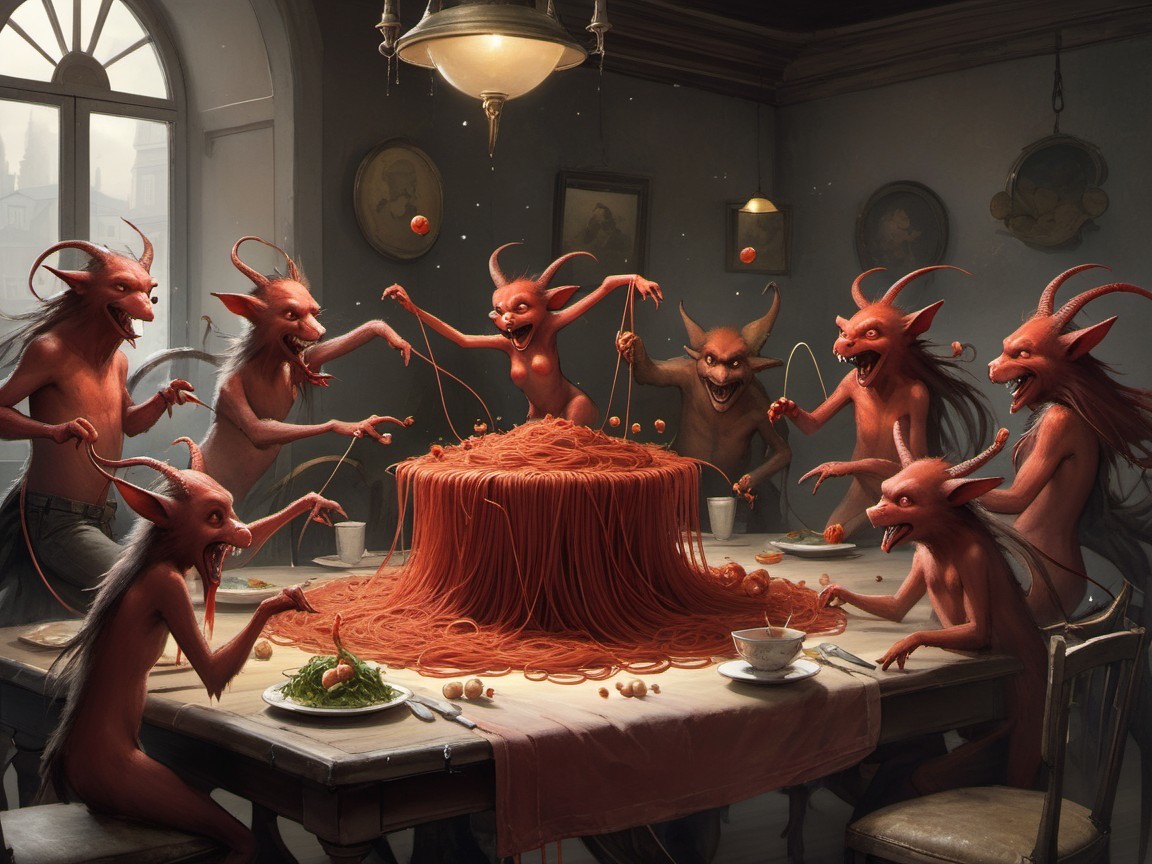 Whimsical Feast with Mischievous Creatures and Spaghetti