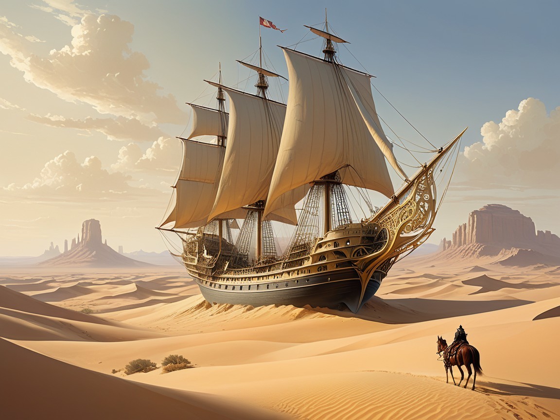 Majestic ship on sand dunes with horseback rider