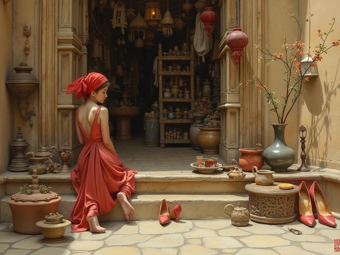 Young Woman in Red Dress Surrounded by Pottery and Lanterns