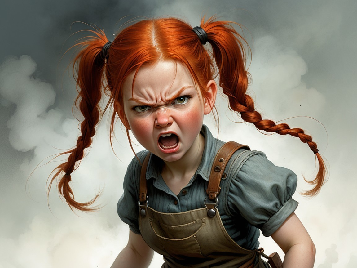 Fiery-haired girl with intense expression in rustic setting