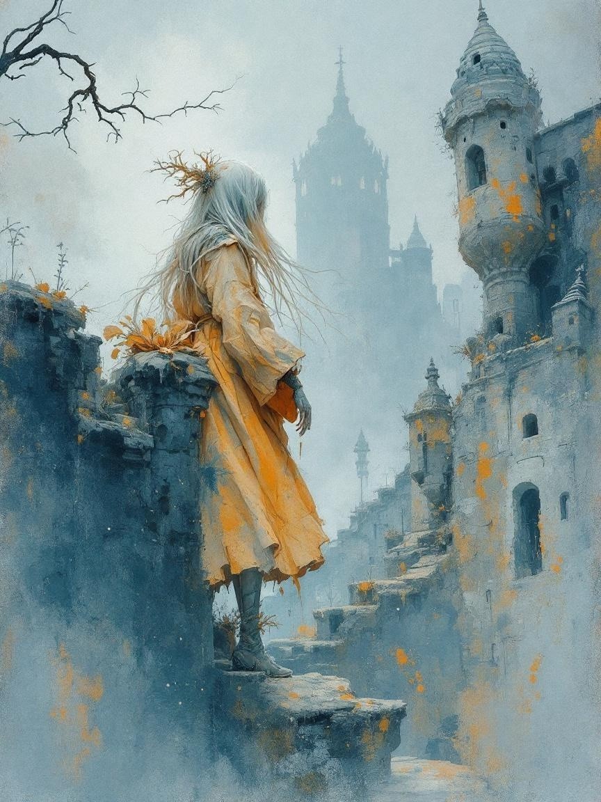 Ancient Elf in Yellow Cloak by Abandoned Castle