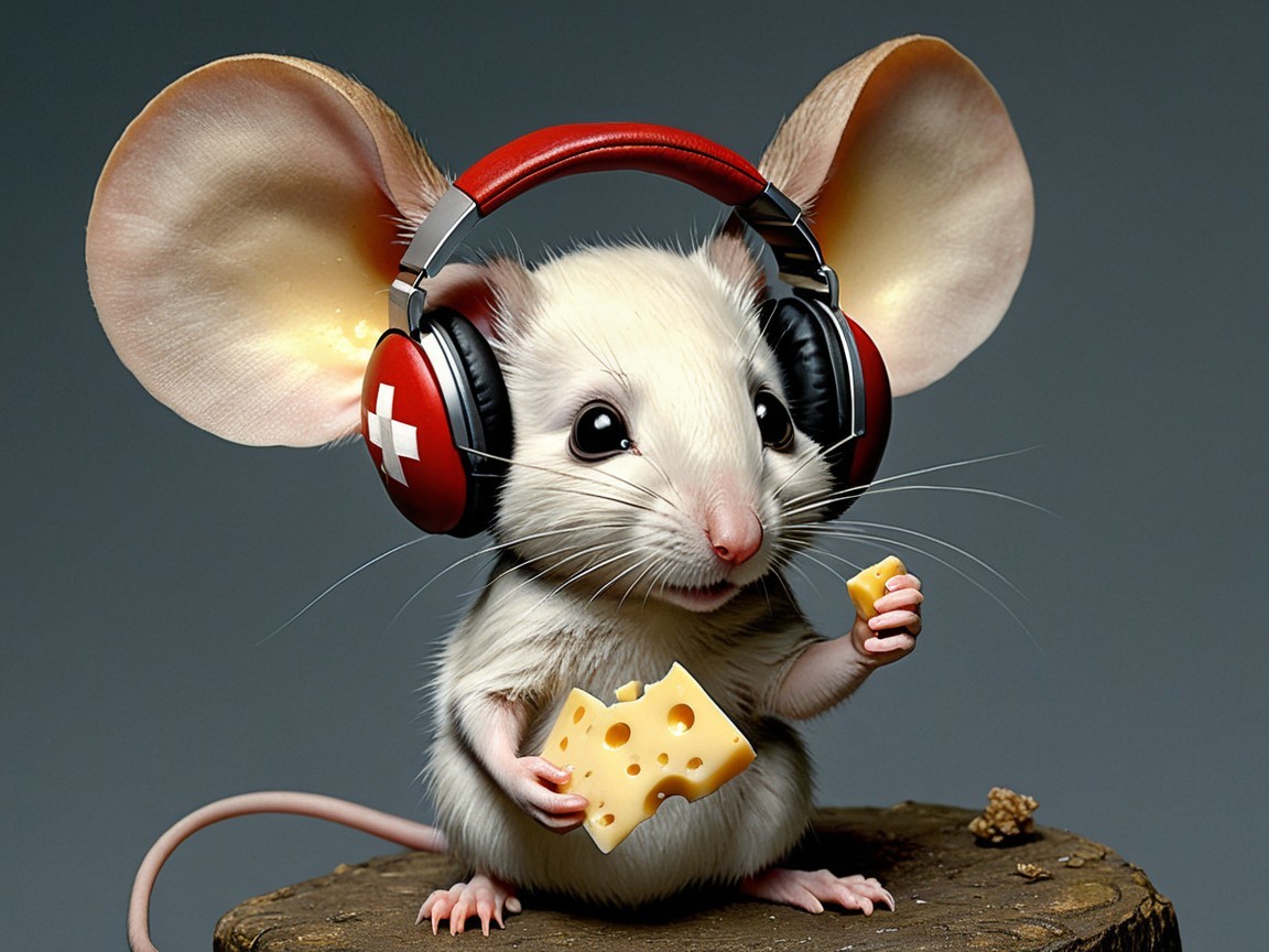 Cartoon Mouse with Headphones and Cheese on Stump