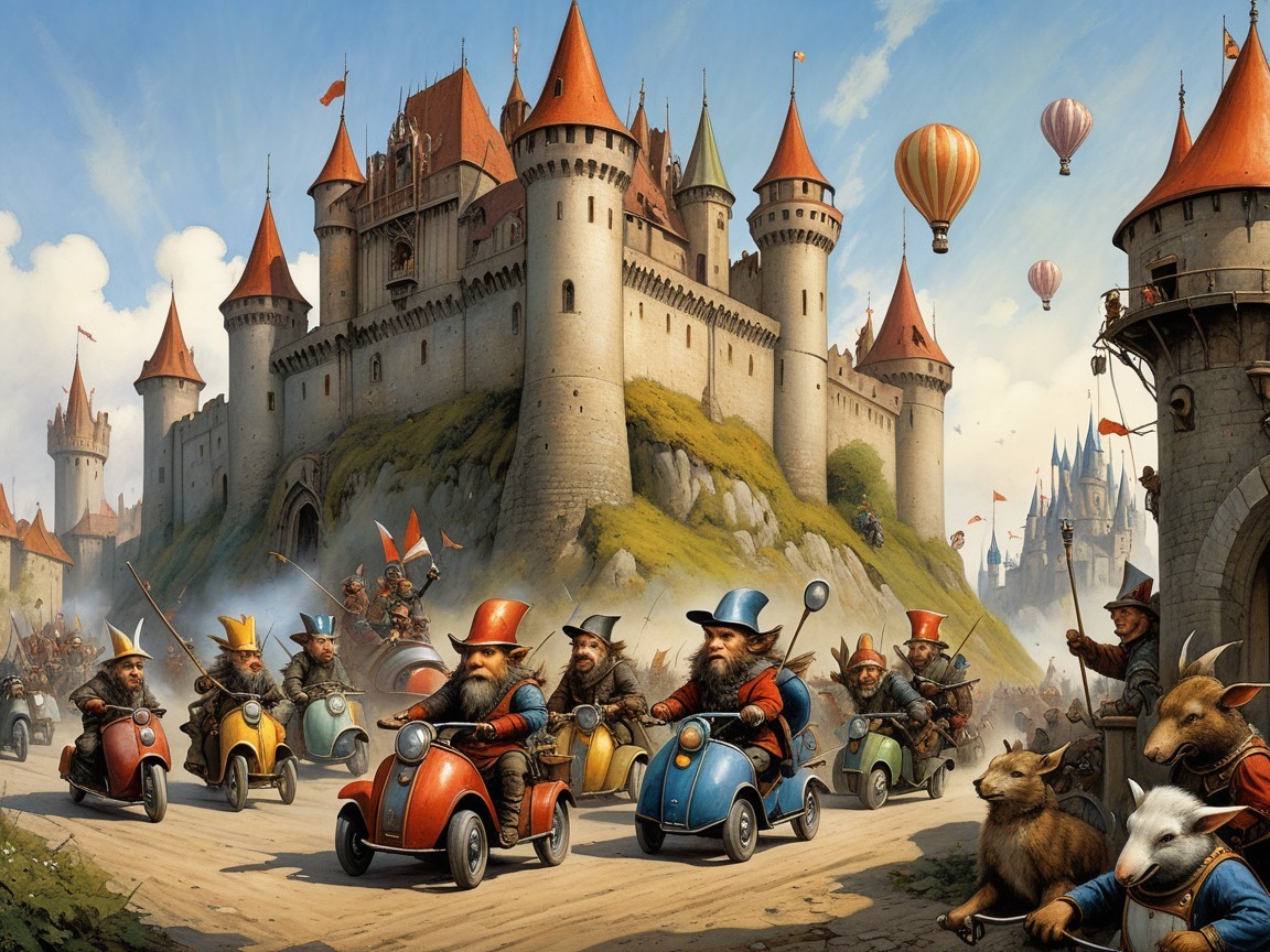 Whimsical Castle Scene with Miniature Cars and Balloons