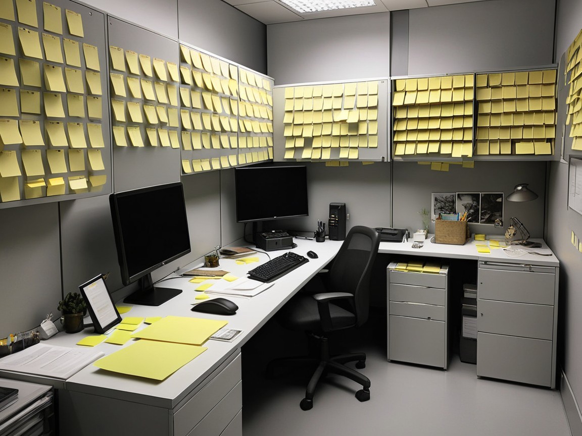 Workstation with yellow sticky notes and dual monitors