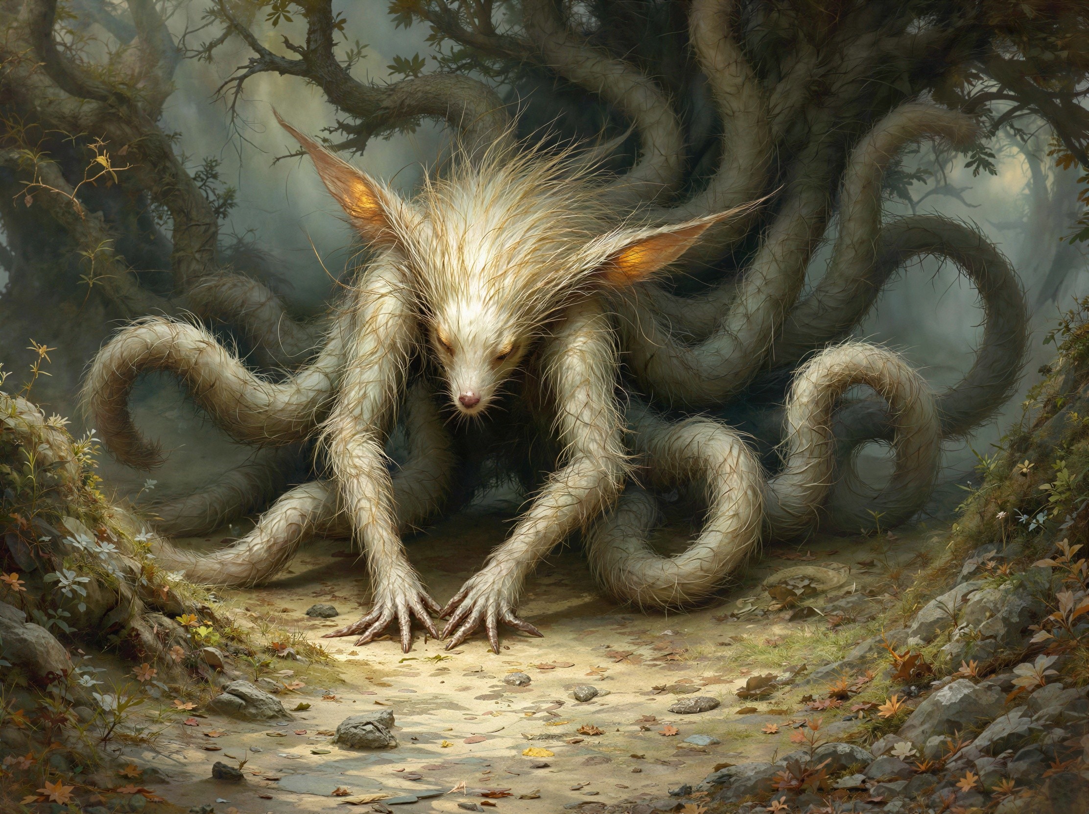 Fuzzy Creature with Tentacles in Dark Forest Setting