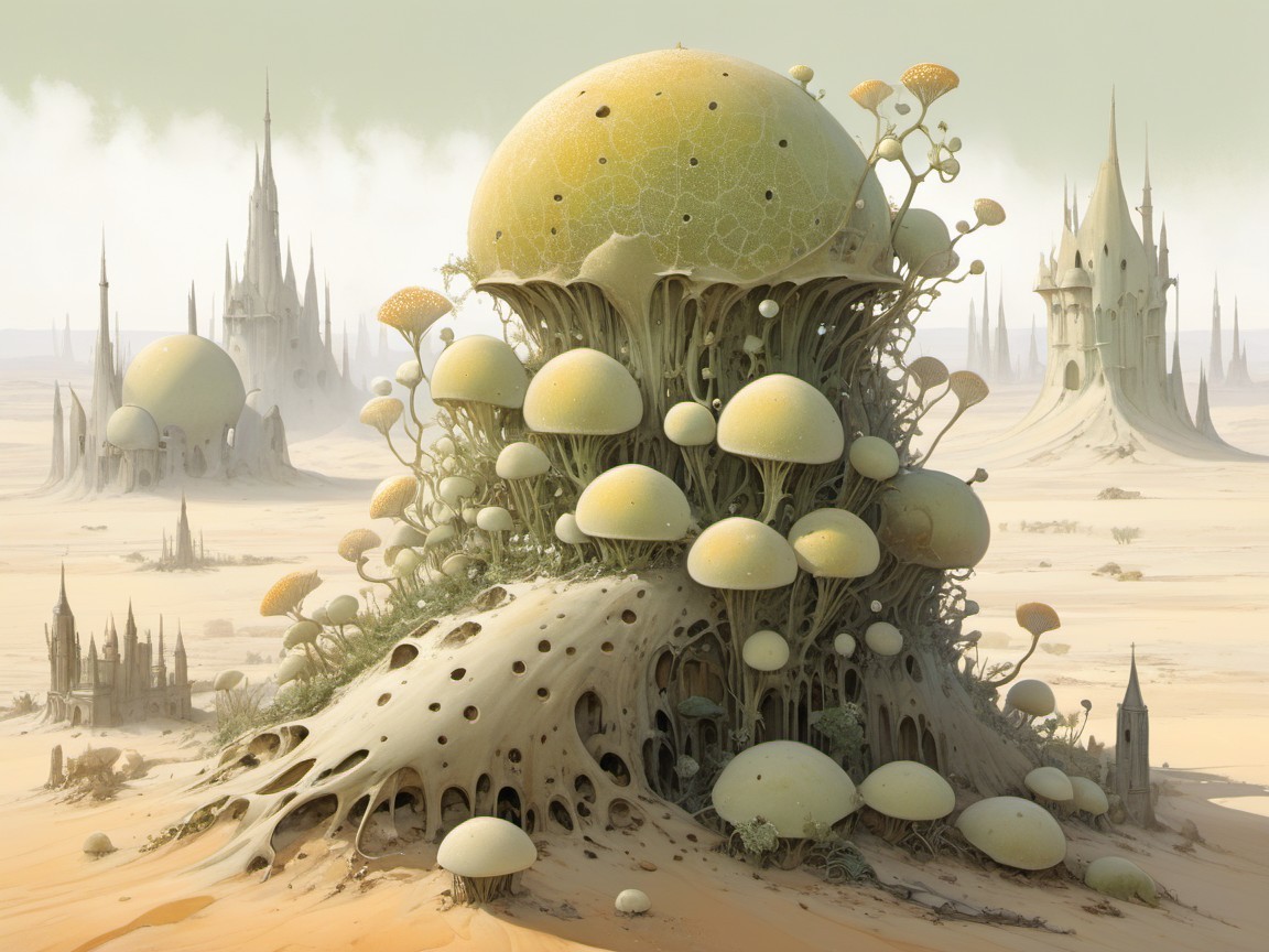 Surreal Landscape with Mushroom-Capped Structures