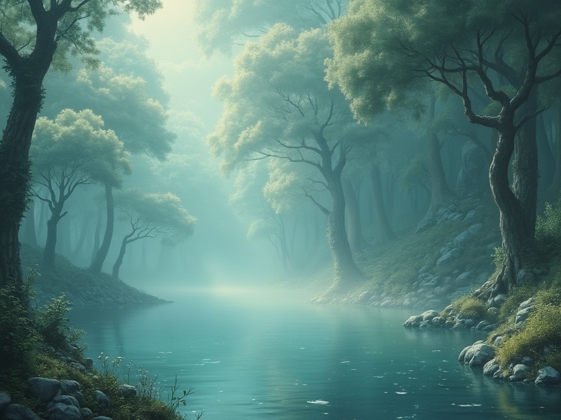 Misty Forest Landscape with Tranquil River Scene
