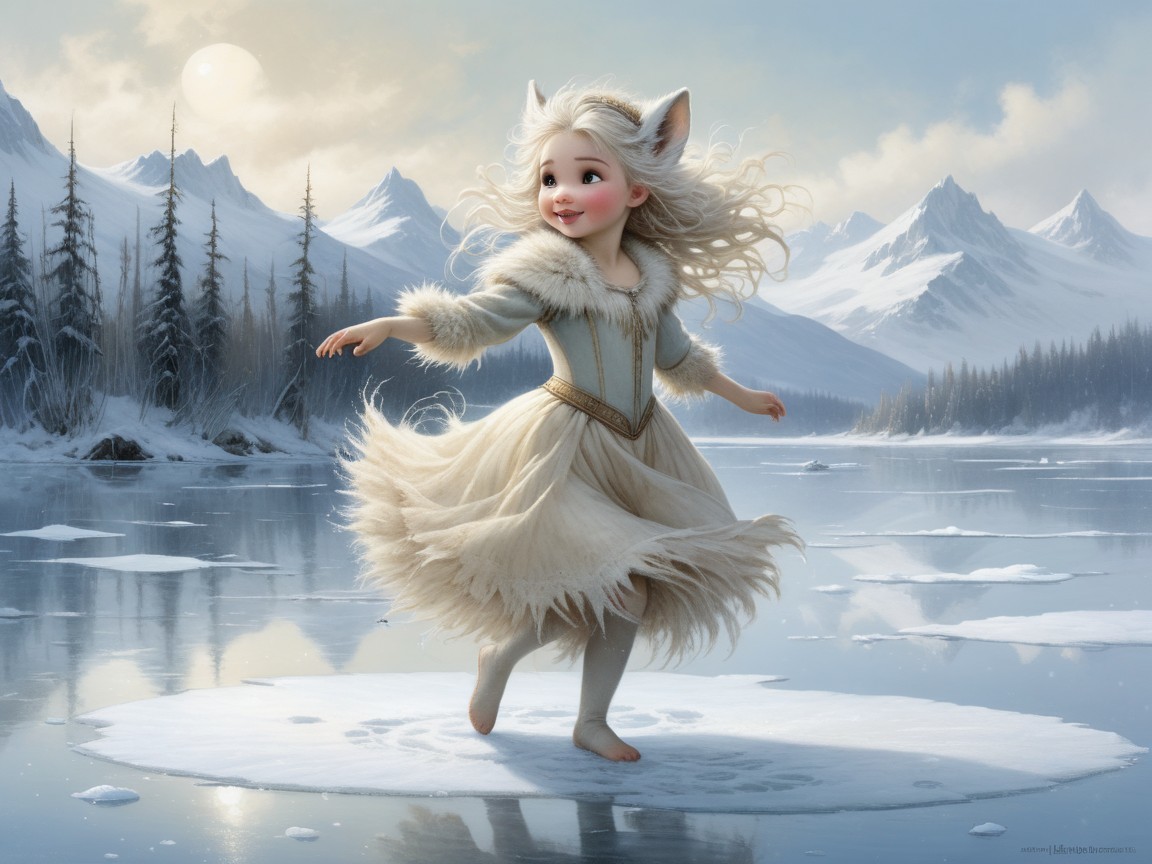 Whimsical Winter Scene of a Girl on Frozen Lake