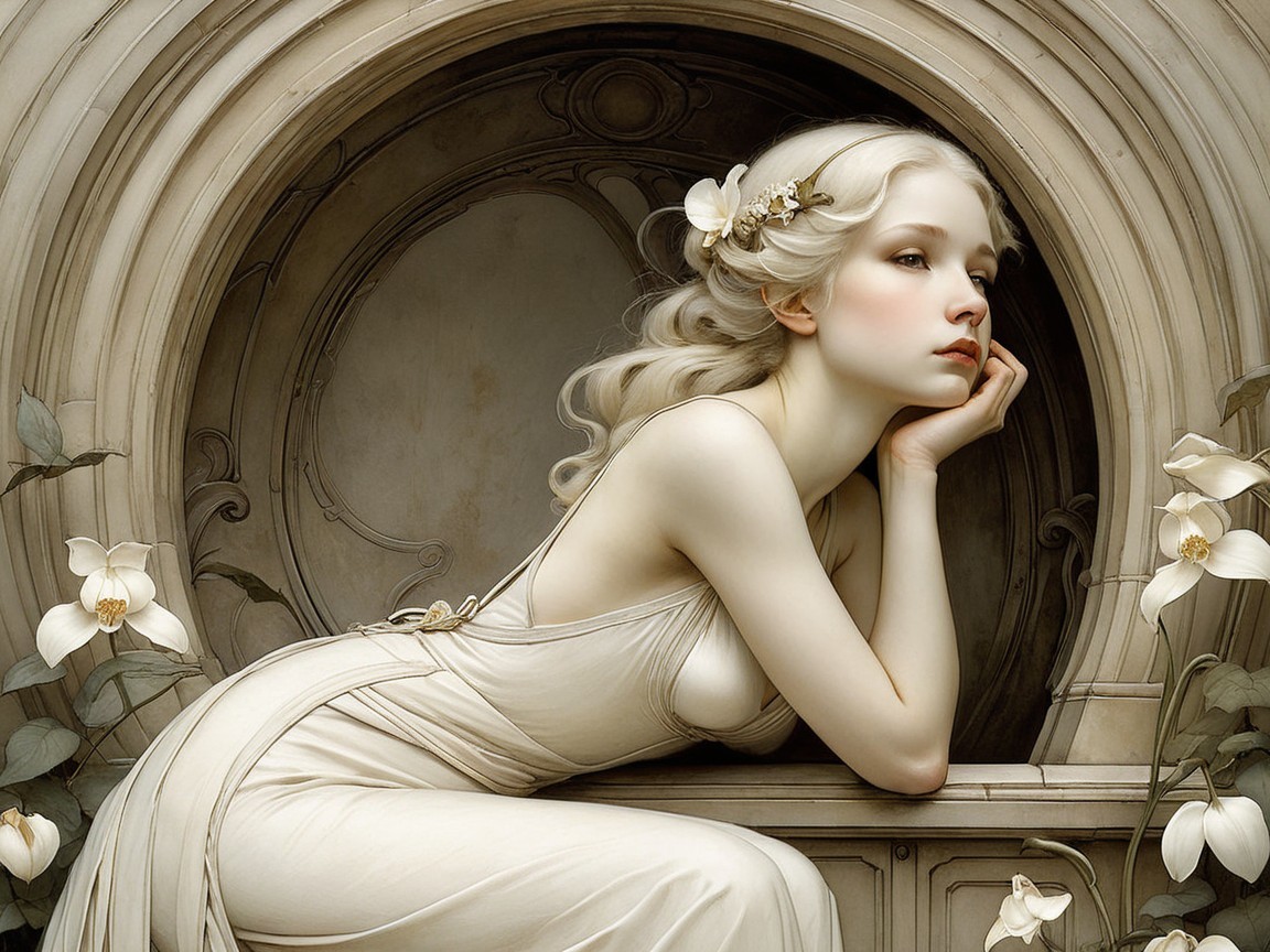 Serene Figure in Ornate Archway with Ethereal Gown