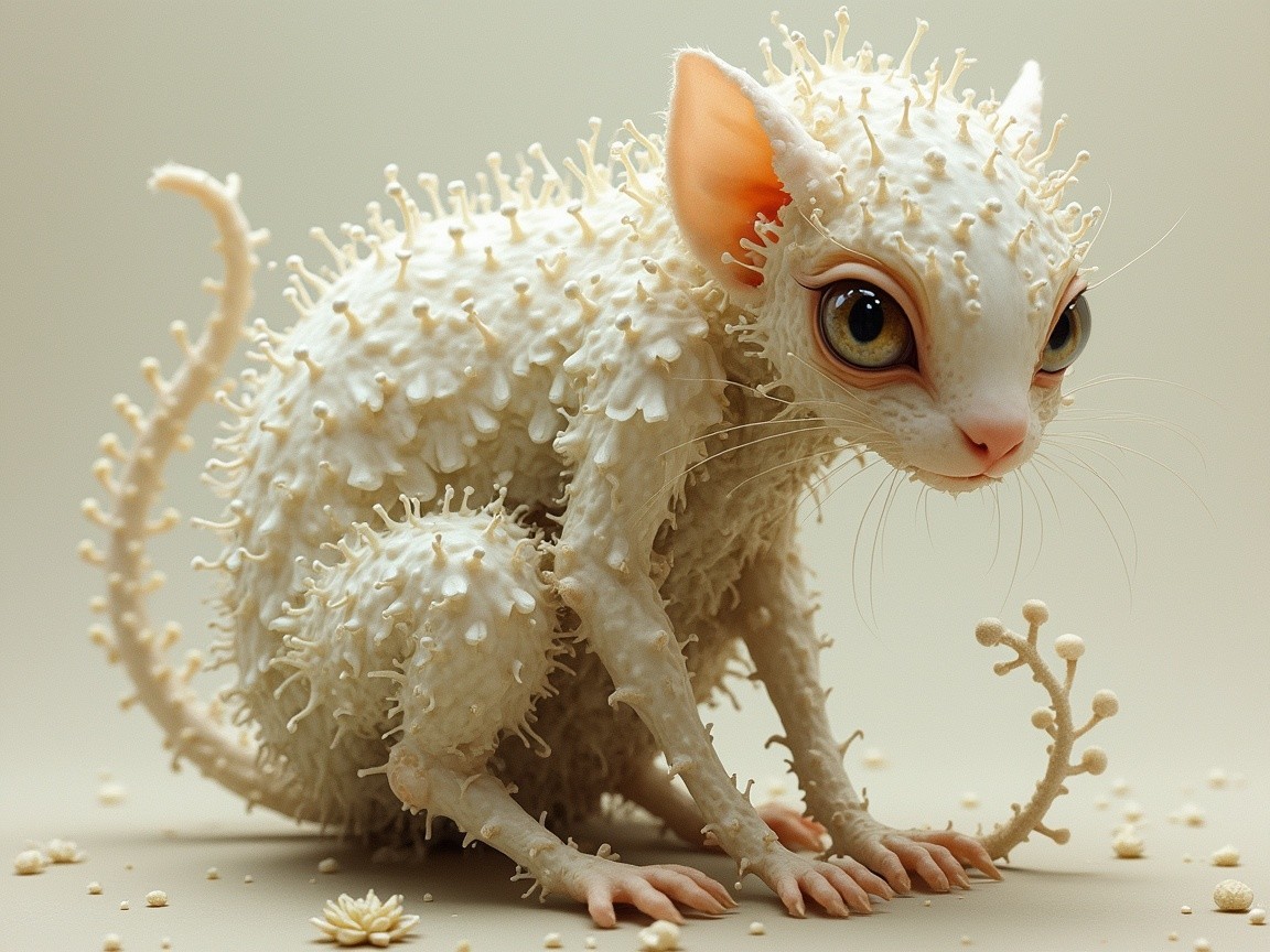 Whimsical Fuzzy Creature with Coral Spikes and Flowers