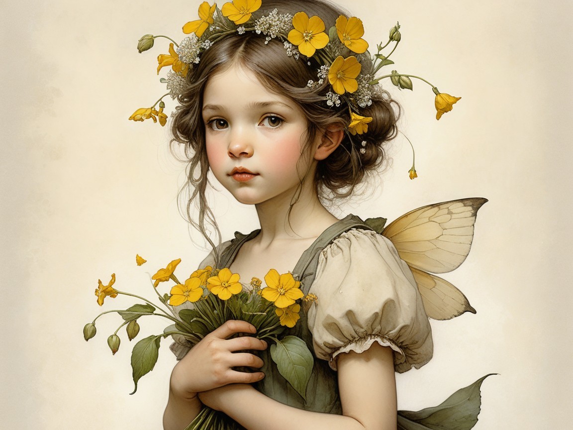 Young girl with floral crown and butterfly wings