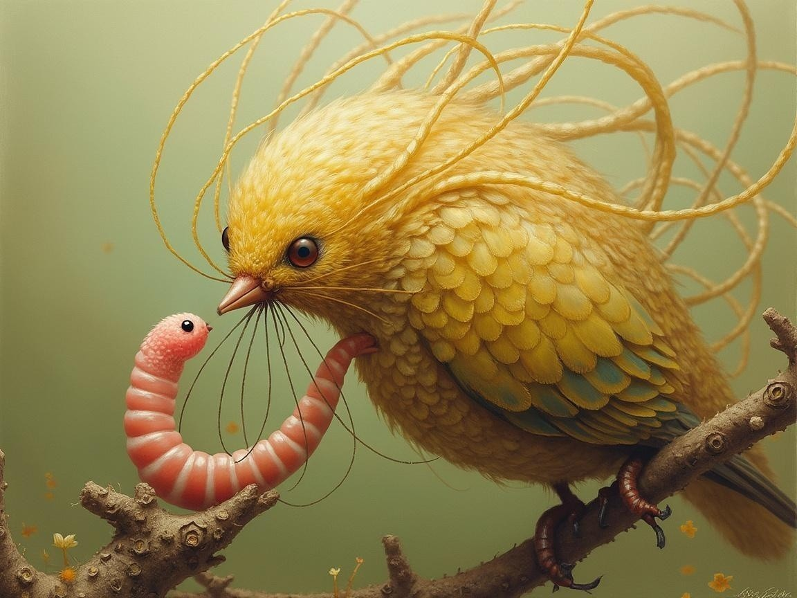 Whimsical Yellow Bird and Pink Caterpillar Scene