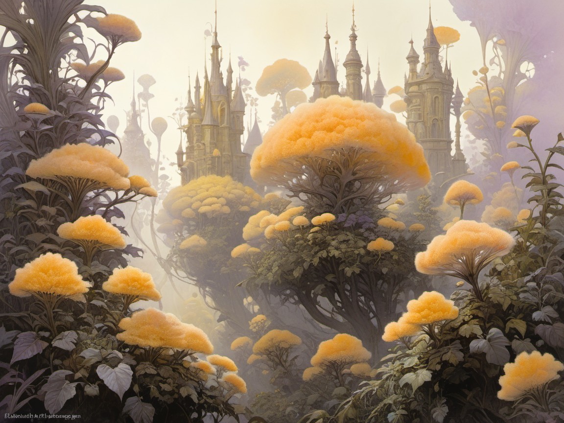 Surreal Landscape with Yellow Foliage and Castles