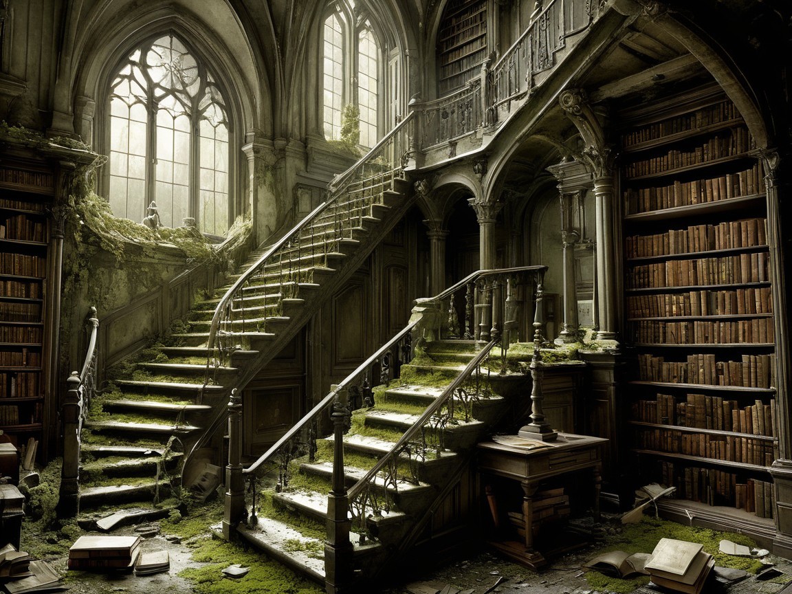 Abandoned library with moss-covered staircases and sunlight