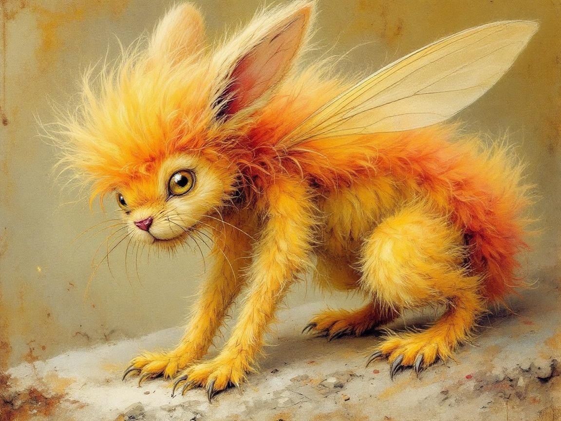 Whimsical Cat-Fairy Creature with Orange Fur and Wings