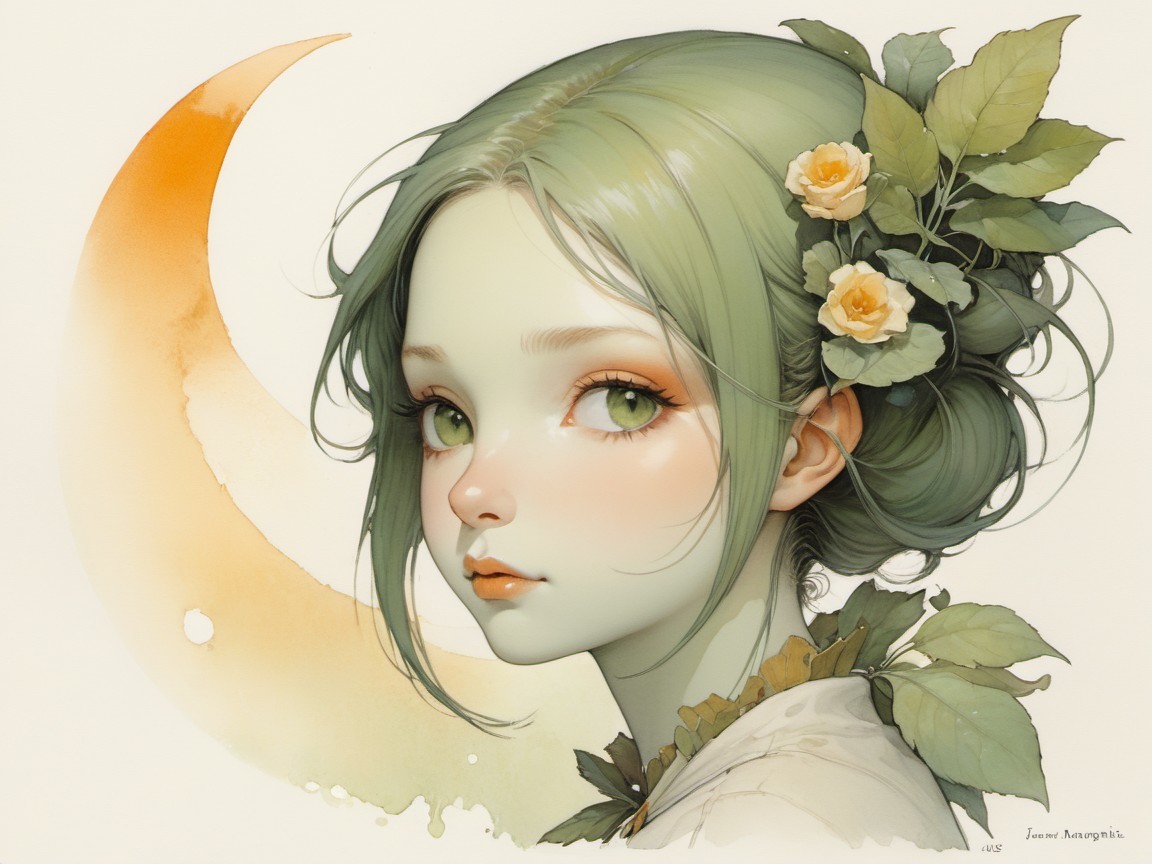 Serene young woman with green skin and moonlit background