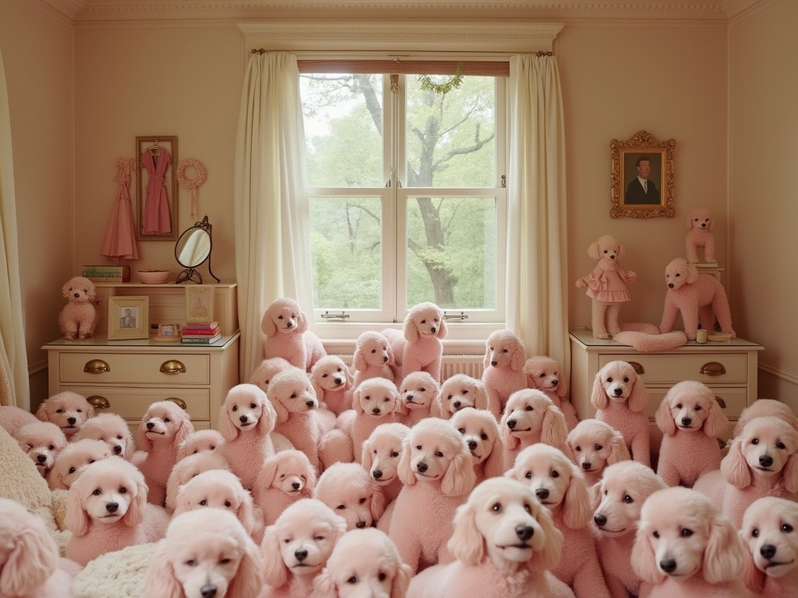 Whimsical Room with Fluffy Pink Poodles and Decor
