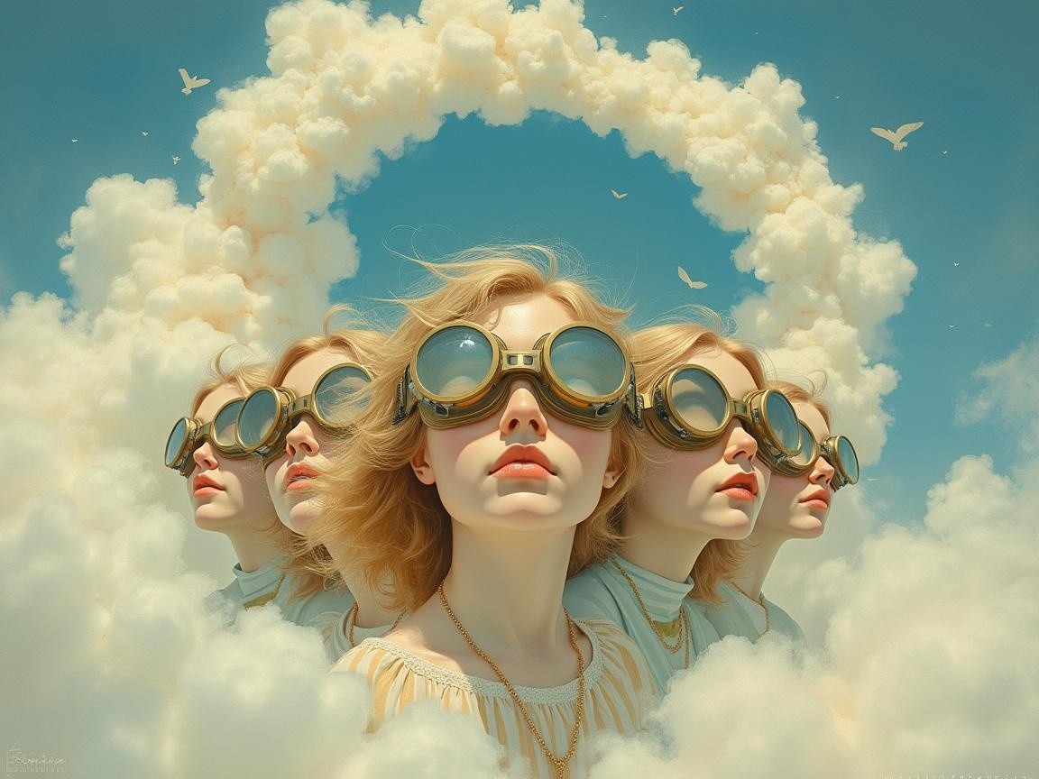 Surreal Scene of Women with Goggles in Cloudy Sky