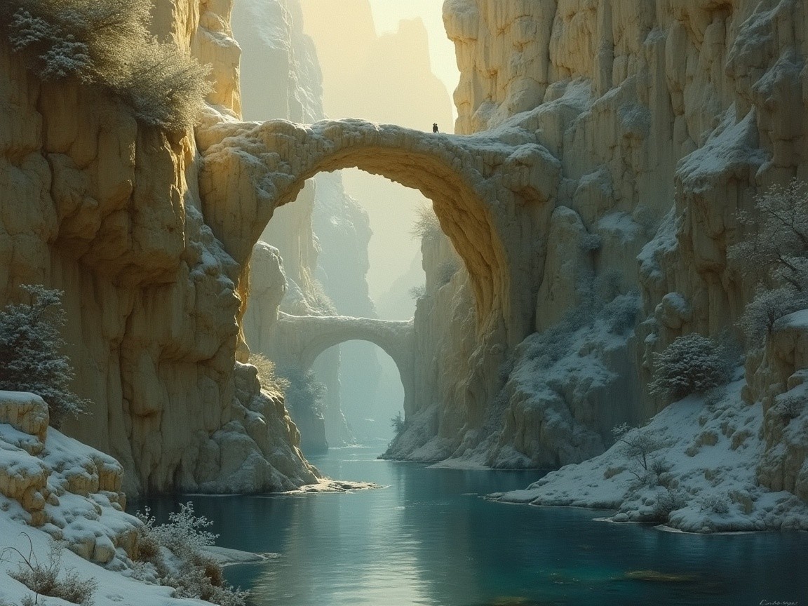 Serene Winter Landscape with Snowy Cliffs and Bridges