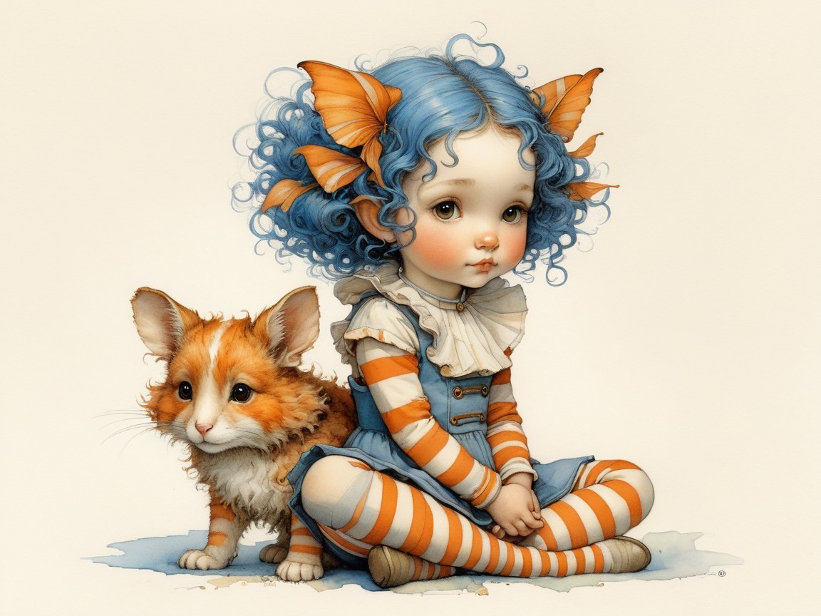 Whimsical illustration of a girl and a cat