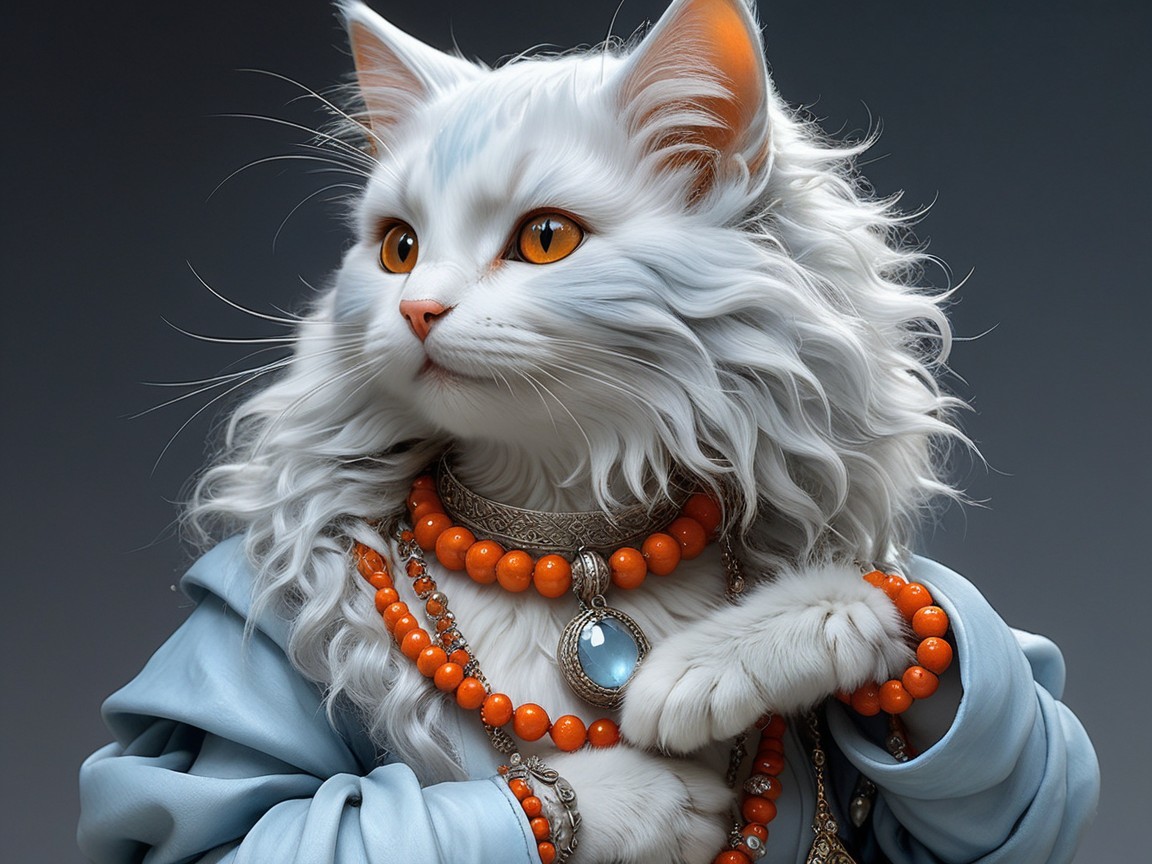 Regal White Cat in Ornate Blue Garment and Beads