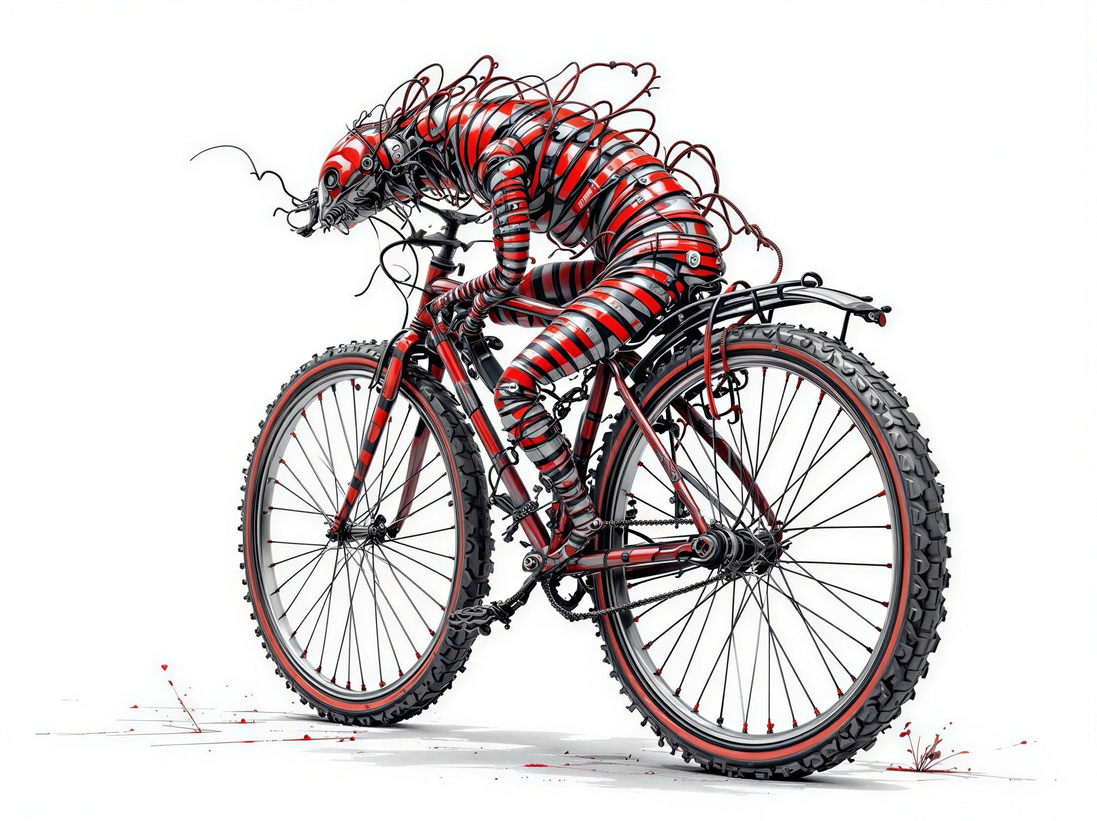 Surreal Creature on Bicycle Made of Red and Silver Metal