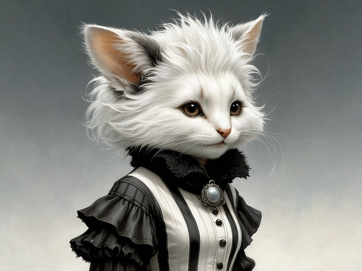 Anthropomorphic Cat in Victorian Dress with Ruffles